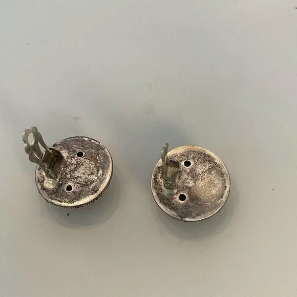 Silver Tone Clip On Earrings Beaded Button Classic - Picture 2 of 4